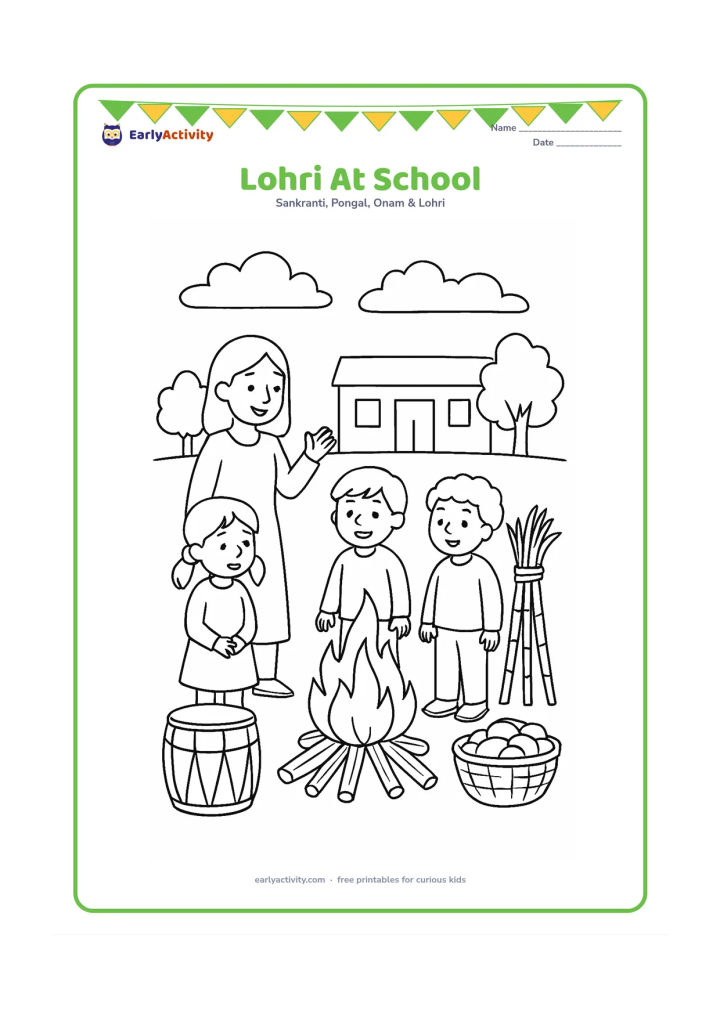 Colouring page: Draw a teacher and four children standing around a safe outdoor bonfire in a school courtyard, with a dhol, sugarcane bundle and food basket nearby. Include a simple building, trees and…