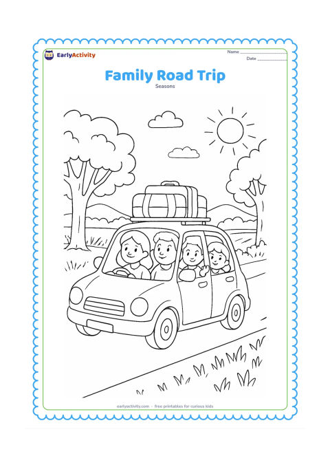 Colouring page: Draw a family travelling in a small car along a tree-lined Indian road during a bright summer morning. Show a child waving from the rear window, luggage on the roof, roadside fields, and…