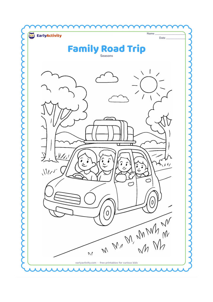 Colouring page: Draw a family travelling in a small car along a tree-lined Indian road during a bright summer morning. Show a child waving from the rear window, luggage on the roof, roadside fields, and…