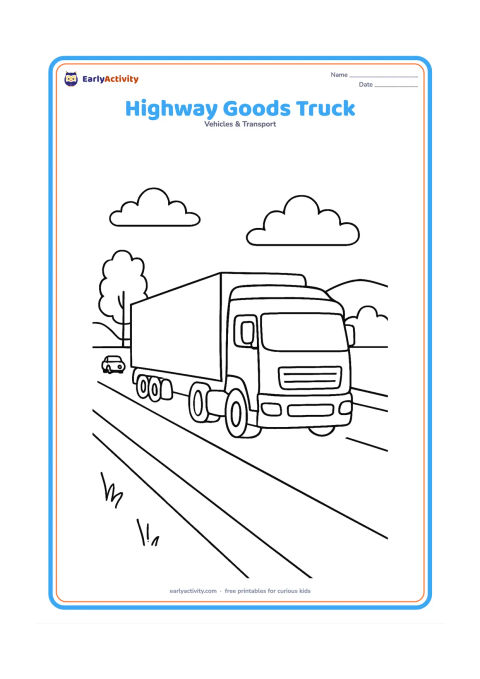 Colouring page: A long goods truck travels on a broad highway with a smaller car in the distance, roadside trees and low hills. Show the cab, long trailer and several simple road lines.