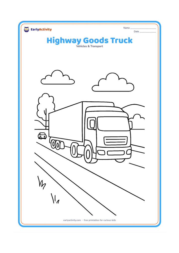 Colouring page: A long goods truck travels on a broad highway with a smaller car in the distance, roadside trees and low hills. Show the cab, long trailer and several simple road lines.