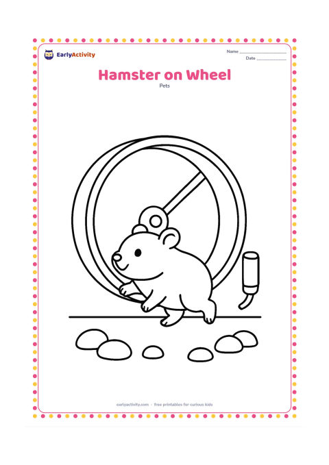 Colouring page: A hamster walks inside a large exercise wheel in its enclosure. Include a simple cage floor, a small water bottle and a few rounded bedding shapes.