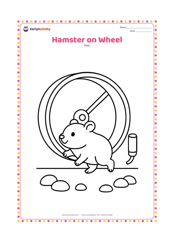 Colouring page: A hamster walks inside a large exercise wheel in its enclosure. Include a simple cage floor, a small water bottle and a few rounded bedding shapes.