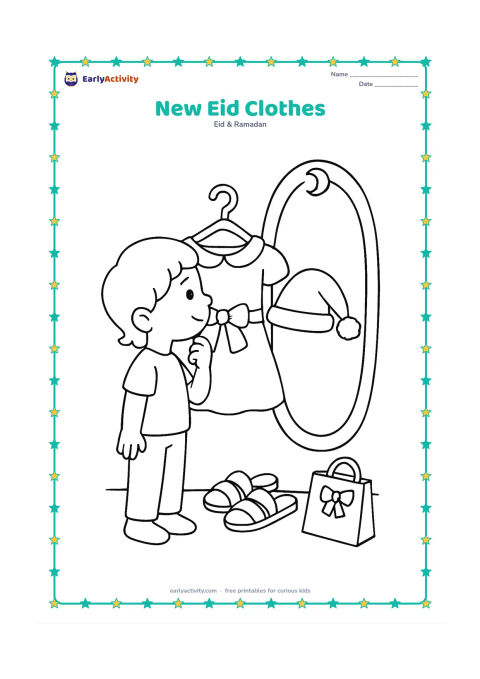 Colouring page: A child admires a neatly arranged festive outfit on a hanger beside a pair of sandals and a small gift bag. Add a mirror with a crescent decoration at the top.