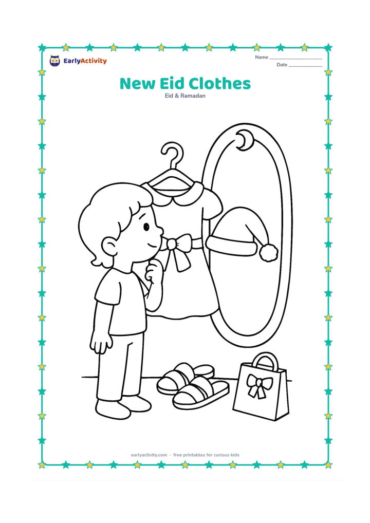 Colouring page: A child admires a neatly arranged festive outfit on a hanger beside a pair of sandals and a small gift bag. Add a mirror with a crescent decoration at the top.