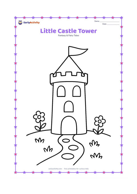 Colouring page: Draw one tall, friendly castle tower with a conical roof, a large doorway, three big windows, and a blank pennant. Surround it with simple grass, a few flowers, and a curved stone path.