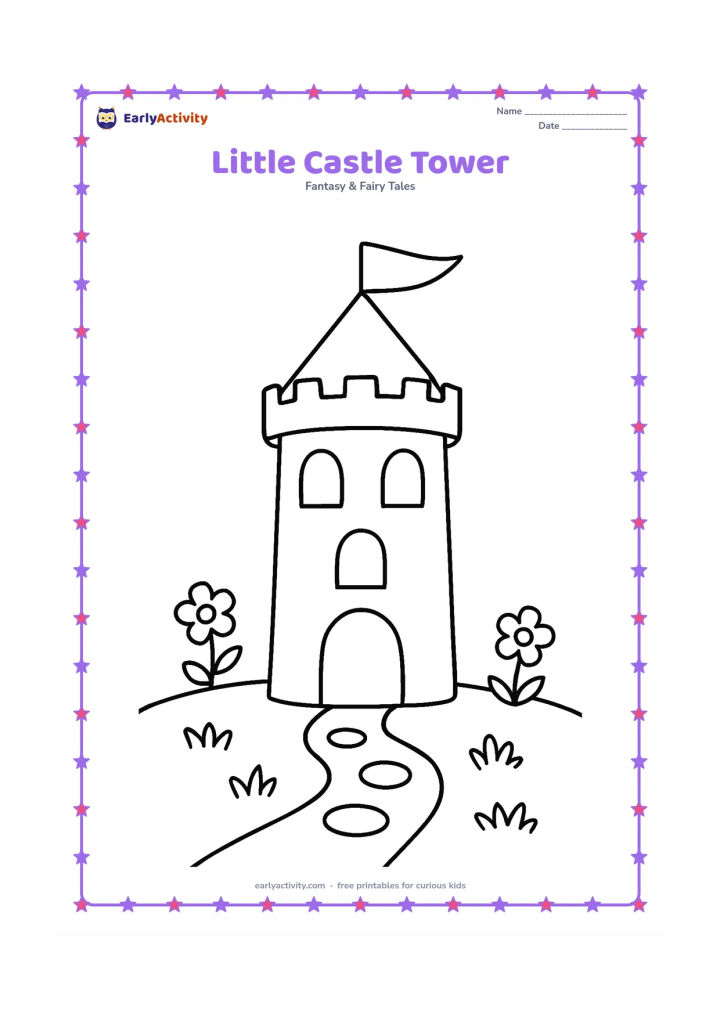 Colouring page: Draw one tall, friendly castle tower with a conical roof, a large doorway, three big windows, and a blank pennant. Surround it with simple grass, a few flowers, and a curved stone path.