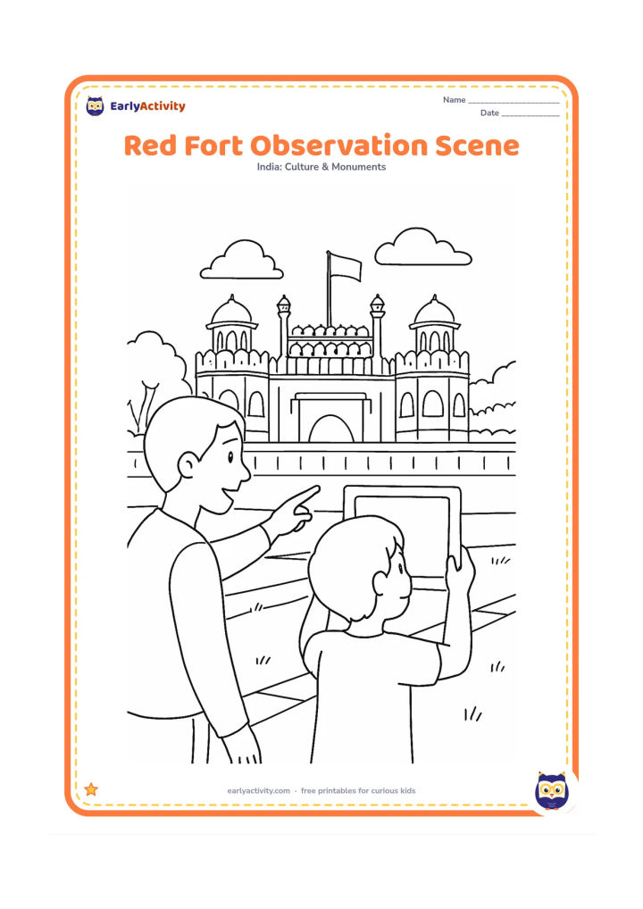 Colouring page: Create a detailed educational-looking visit scene without text: a child observes the Red Fort through a simple handheld viewing frame while a parent points toward the gate, wall and…