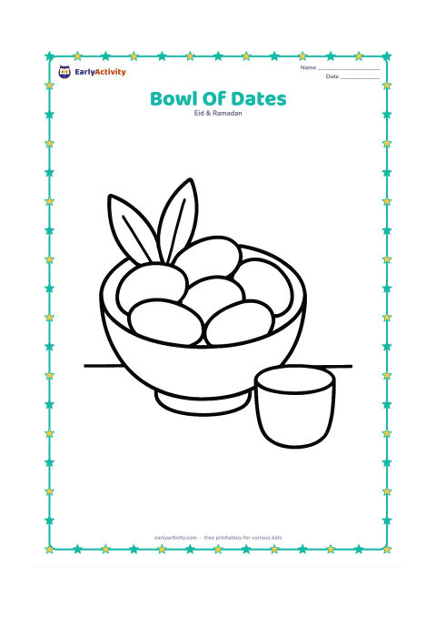 Colouring page: A round bowl filled with several large dates and two leaves, placed on a plain table with one small cup beside it.