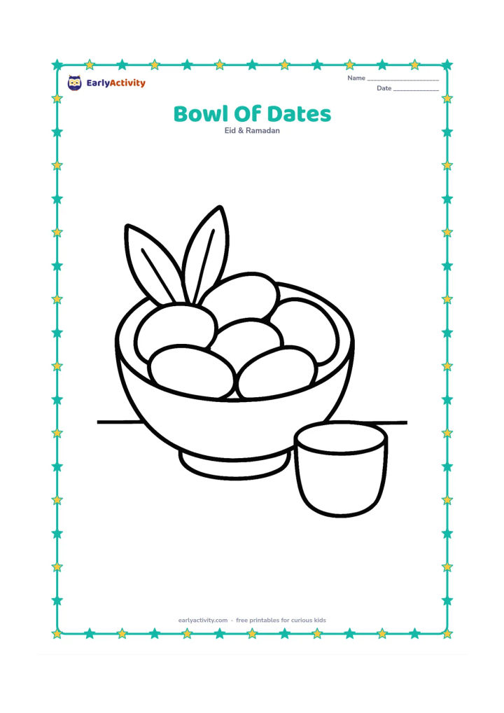Colouring page: A round bowl filled with several large dates and two leaves, placed on a plain table with one small cup beside it.
