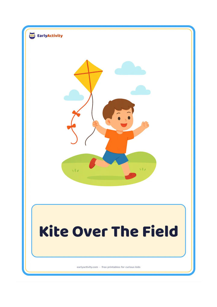 Flashcard: Draw a child flying a diamond-shaped kite in an open field, with the child running toward the right. Add a few clouds, a low hill and a long curving kite tail.