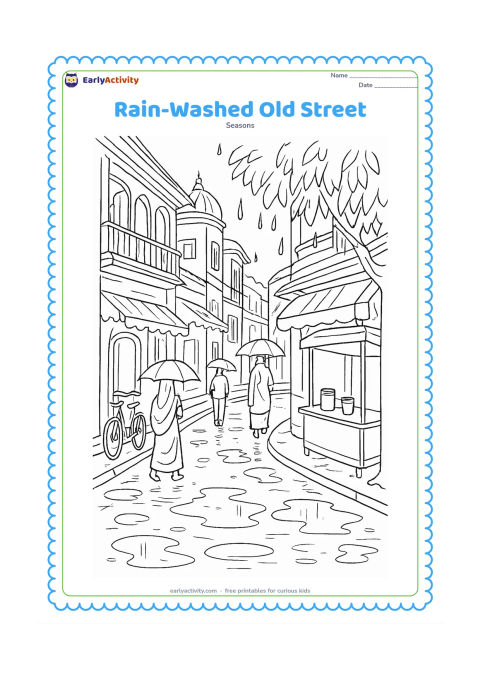 Colouring page: A detailed Indian town street curves past balconies, awnings, parked bicycles, a tea stall with a blank front, and people carrying umbrellas. Show reflective puddles, dripping leaves,…