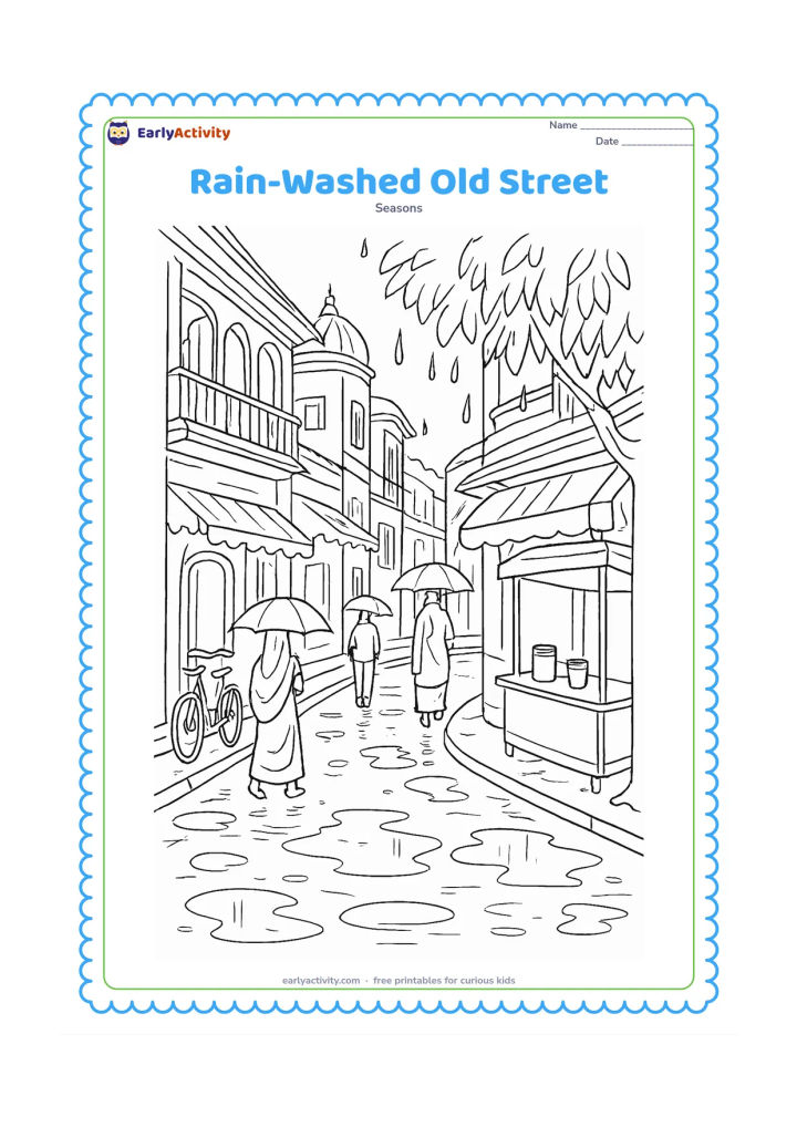 Colouring page: A detailed Indian town street curves past balconies, awnings, parked bicycles, a tea stall with a blank front, and people carrying umbrellas. Show reflective puddles, dripping leaves,…