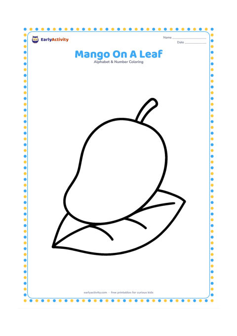 Colouring page: Draw one large ripe mango resting on a broad leaf, with a short curved stem and two simple leaf veins. Centre the fruit with plenty of open space around it.