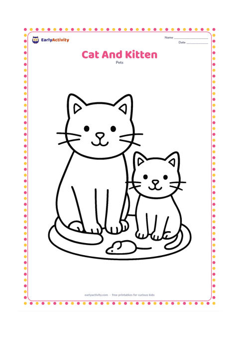 Colouring page: Draw a larger cat sitting beside a smaller kitten, both facing forward with clear whiskers and tails. Place them on a simple oval rug with one toy mouse.