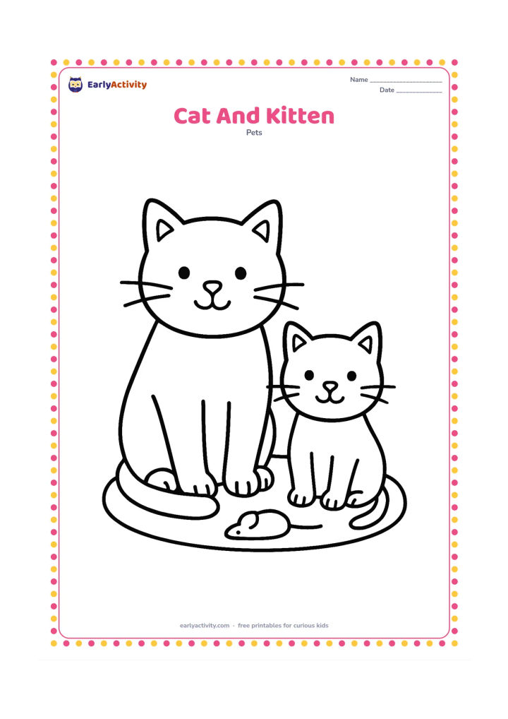 Colouring page: Draw a larger cat sitting beside a smaller kitten, both facing forward with clear whiskers and tails. Place them on a simple oval rug with one toy mouse.