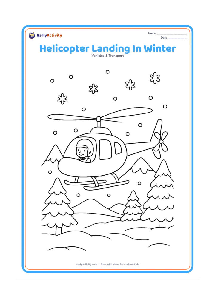 Colouring page: Draw a helicopter landing on a snowy clearing with a pilot visible in the cockpit, snow-covered pine trees, gentle snowflakes and distant mountains. Include clear landing skids touching…