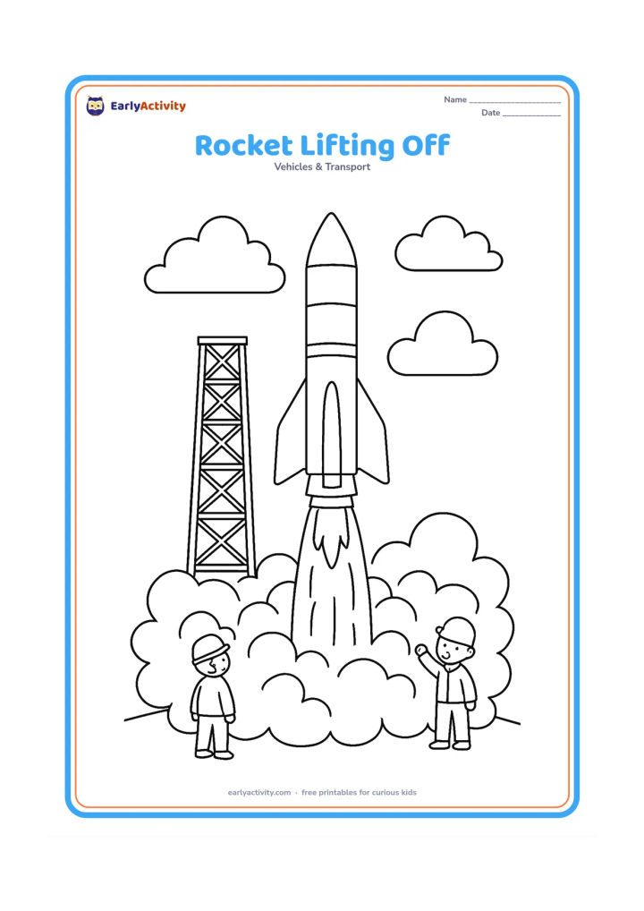 Colouring page: Draw a tall rocket rising from a launch tower with exhaust flames and billowing smoke, while two small ground technicians watch from a safe distance.