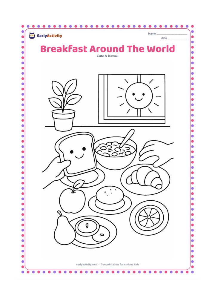 Colouring page: Arrange smiling toast, fruit, a bowl of cereal, a croissant and an idli plate around a shared breakfast table with two pairs of hands reaching in. Add a window, a plant and simple…