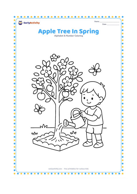Colouring page: Draw a young apple tree covered with blossoms and a few round apples, with a child watering it from the side. Include a small garden bed and two butterflies.