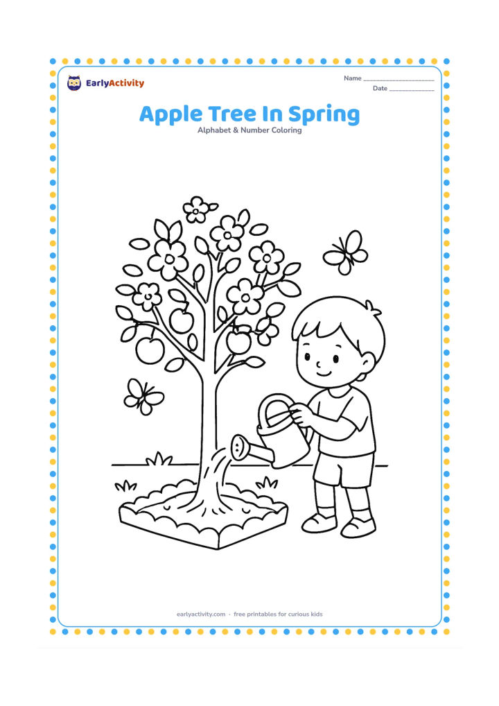 Colouring page: Draw a young apple tree covered with blossoms and a few round apples, with a child watering it from the side. Include a small garden bed and two butterflies.