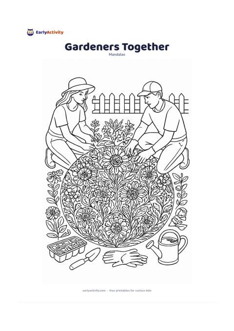Colouring page: Show two adults kneeling on opposite sides of a large circular flower bed, planting and tending a central mandala of sunflowers, zinnias, leaves and vines. Include a trowel, seed tray,…