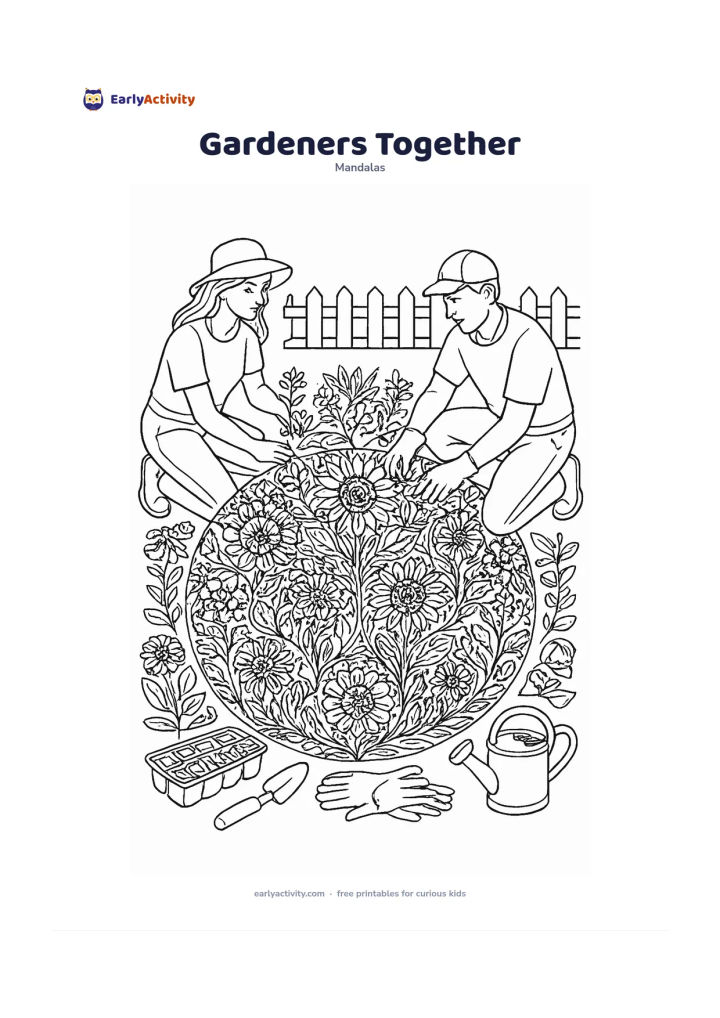 Colouring page: Show two adults kneeling on opposite sides of a large circular flower bed, planting and tending a central mandala of sunflowers, zinnias, leaves and vines. Include a trowel, seed tray,…