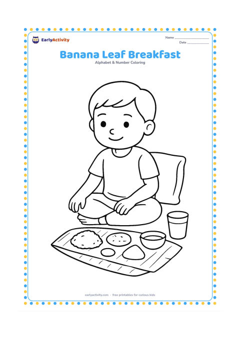 Colouring page: Draw a child seated at a low Indian-style meal setting with a banana leaf holding a few simple food portions and a small bowl. Add a tumbler and a cushion behind the child, with no food…