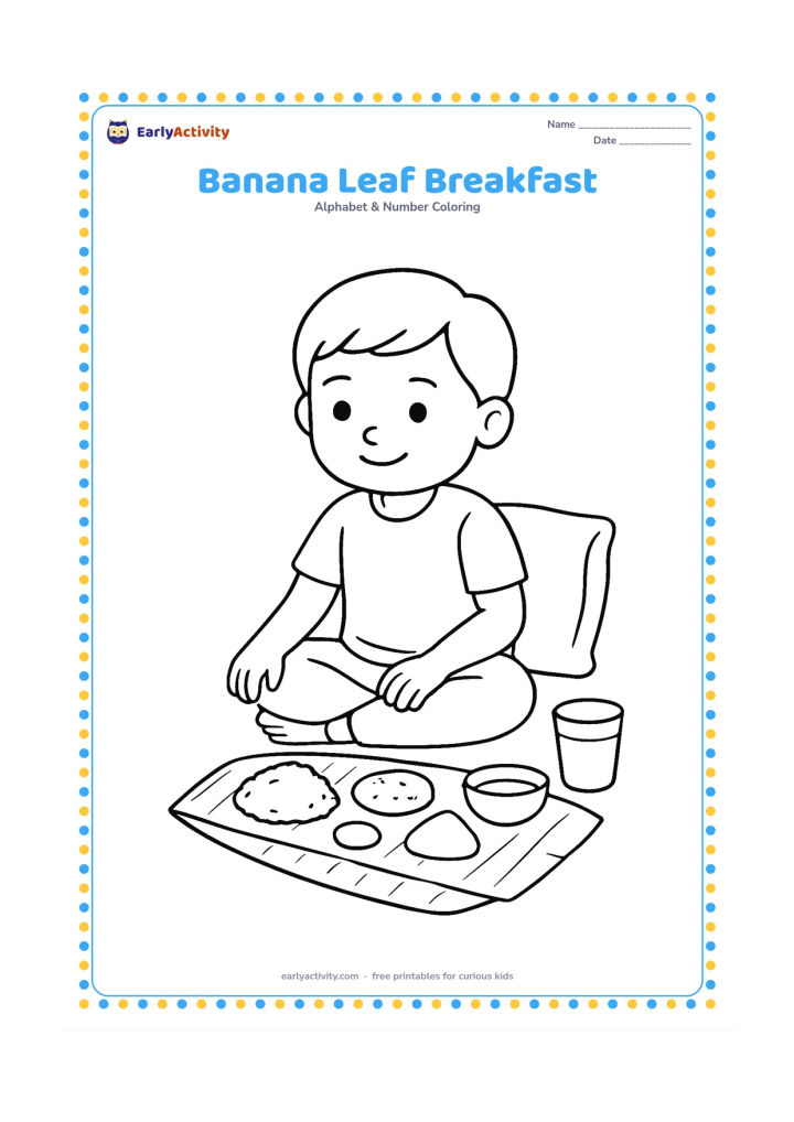 Colouring page: Draw a child seated at a low Indian-style meal setting with a banana leaf holding a few simple food portions and a small bowl. Add a tumbler and a cushion behind the child, with no food…