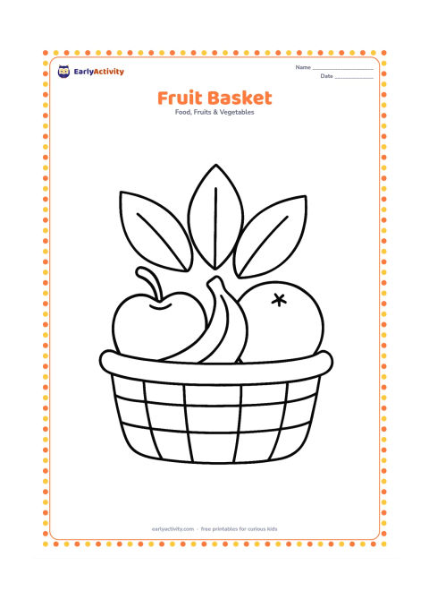 Colouring page: A wide basket holding one apple, one banana, and one orange, with three large leaves behind the basket.