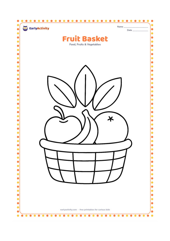 Colouring page: A wide basket holding one apple, one banana, and one orange, with three large leaves behind the basket.