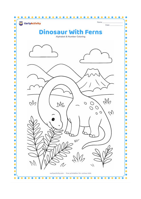 Colouring page: A friendly long-necked dinosaur bends down to nibble leafy ferns in a prehistoric valley. Include layered hills, several ferns and a volcano far in the background with no smoke or danger.