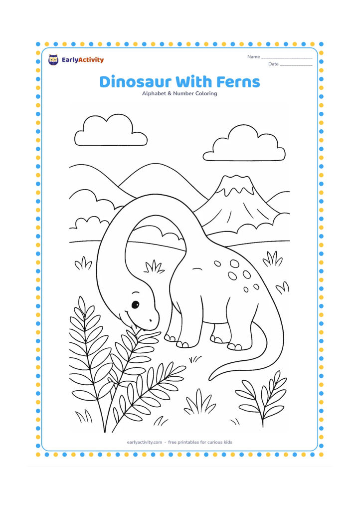 Colouring page: A friendly long-necked dinosaur bends down to nibble leafy ferns in a prehistoric valley. Include layered hills, several ferns and a volcano far in the background with no smoke or danger.