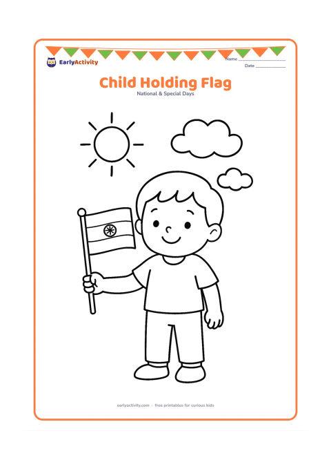Colouring page: Draw a smiling child standing upright and respectfully holding a small Indian flag on a pole, with a sun and two clouds behind. Show ordinary clothes, not flag-coloured clothing or a…