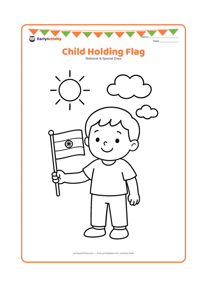 Colouring page: Draw a smiling child standing upright and respectfully holding a small Indian flag on a pole, with a sun and two clouds behind. Show ordinary clothes, not flag-coloured clothing or a…