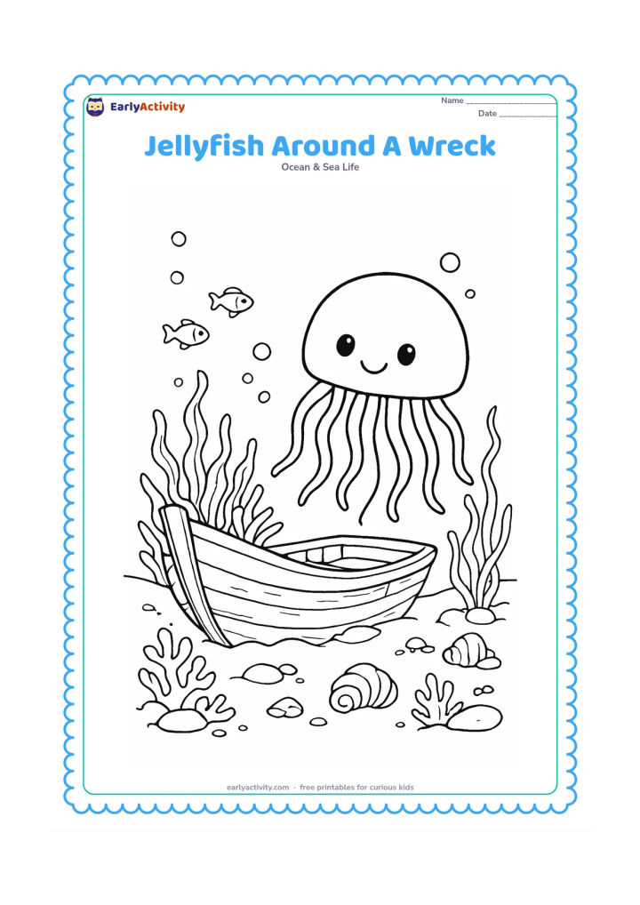 Colouring page: Draw a friendly jellyfish drifting around a small, harmless old wooden boat underwater, with open gaps and no people. Add sea plants growing over the boat, coral, rocks, shells, bubbles…