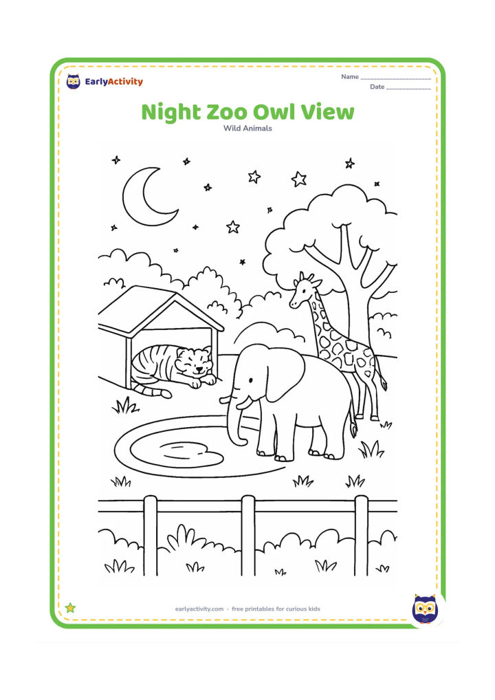 Colouring page: A calm nighttime zoo scene shows a tiger resting in a shelter, an elephant near a water pool and a giraffe beneath a tree, viewed from behind a low fence. Add a crescent moon, stars,…