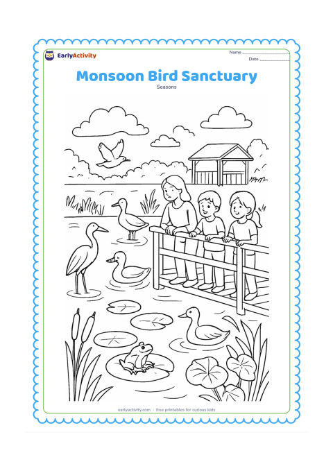 Colouring page: A detailed wetland sanctuary scene shows children and an adult on a boardwalk watching several birds, frogs, reeds, lotus leaves, rain rings on the water, and clouds reflected in a pond.…