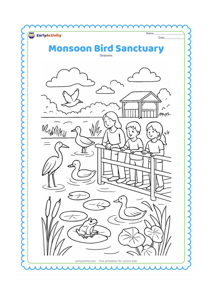 Colouring page: A detailed wetland sanctuary scene shows children and an adult on a boardwalk watching several birds, frogs, reeds, lotus leaves, rain rings on the water, and clouds reflected in a pond.…