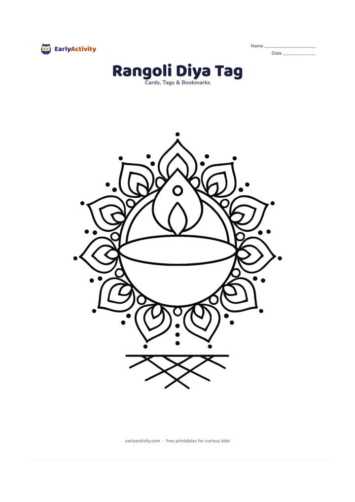 Worksheet: Draw a diya-shaped gift tag surrounded by a symmetrical rangoli border made from petals, dots and curved lines, with a small floor pattern beneath it. Leave the diya bowl as a large…