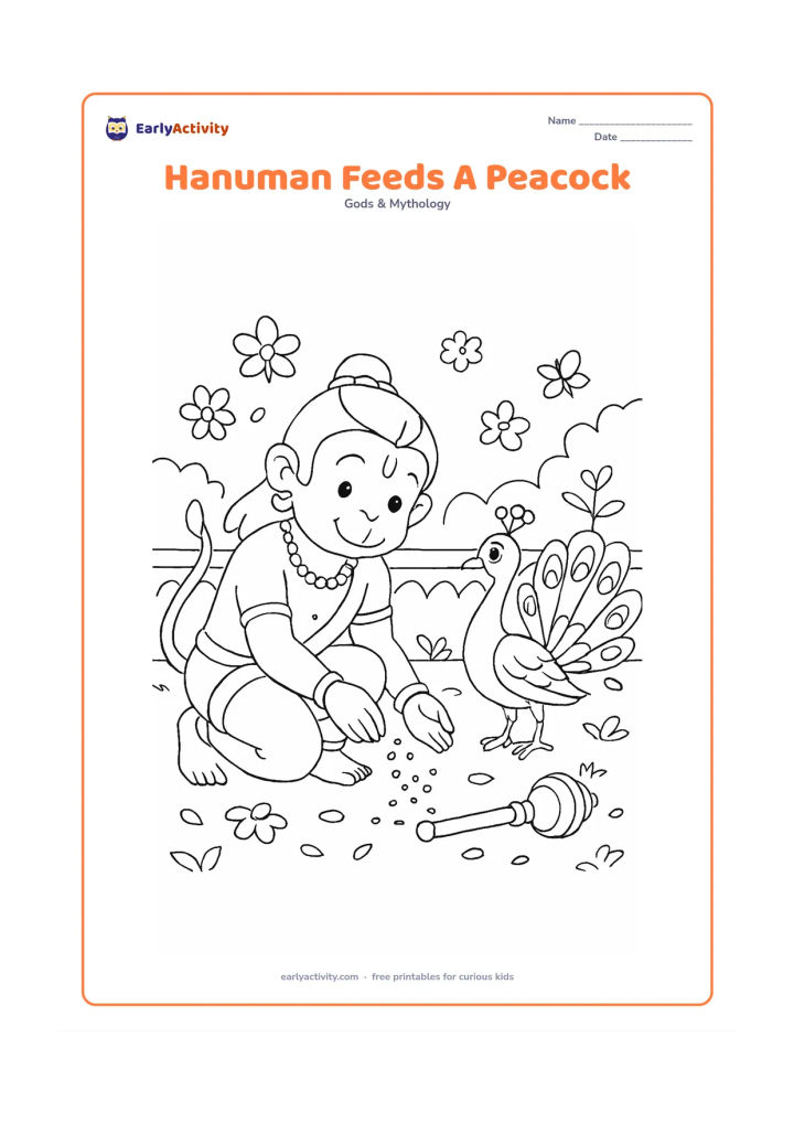 Colouring page: Draw Hanuman crouching as he scatters grains for a peacock on a flowering garden path during springtime. Include the peacock with its feathers partly spread, small plants, fallen petals,…
