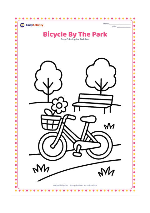 Colouring page: Draw a bicycle leaning beside a park path, with a basket containing one large flower. Add a bench, two trees and a few broad patches of grass.