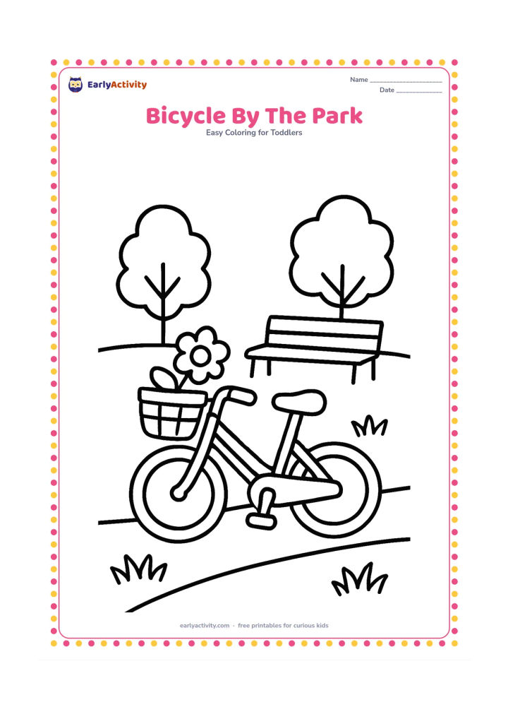 Colouring page: Draw a bicycle leaning beside a park path, with a basket containing one large flower. Add a bench, two trees and a few broad patches of grass.