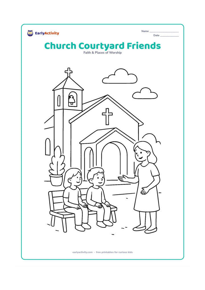 Colouring page: Three children respectfully sit and talk in a church courtyard while an adult stands nearby, with a covered entrance, bell tower, benches, potted plants, and a cross.