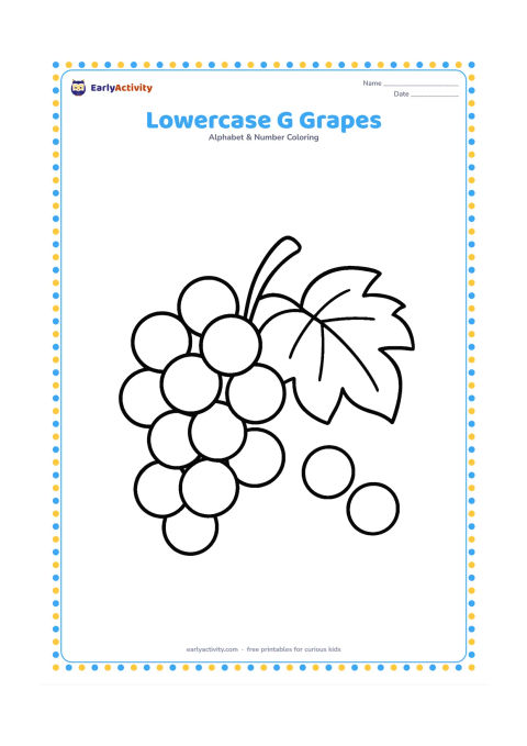 Colouring page: A large bunch of round grapes rests beside two loose grapes and a broad vine leaf. Leave generous spaces between the fruit for easy colouring.