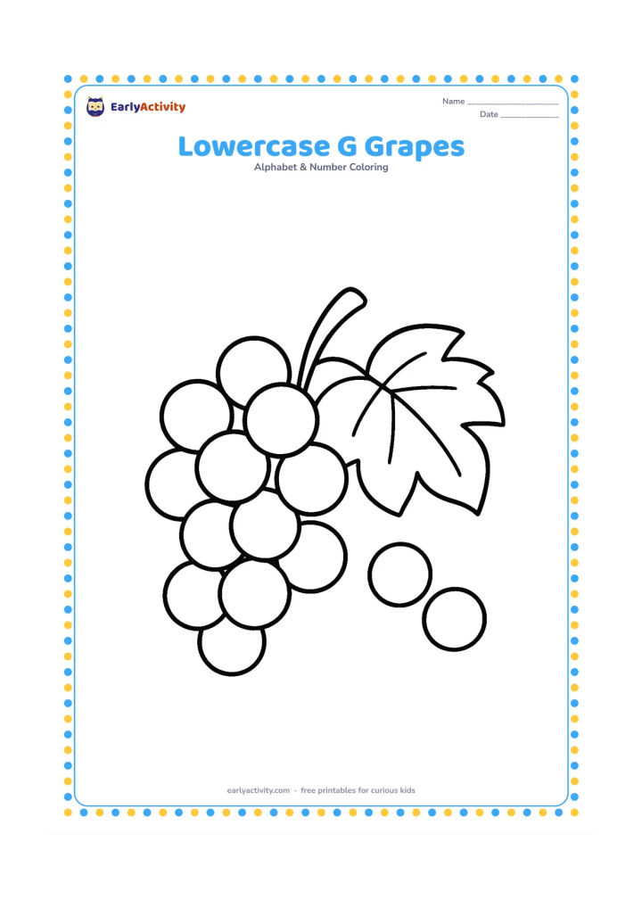 Colouring page: A large bunch of round grapes rests beside two loose grapes and a broad vine leaf. Leave generous spaces between the fruit for easy colouring.