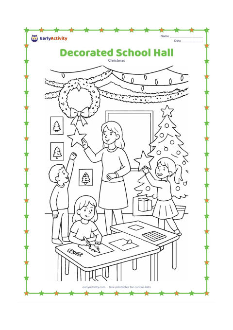 Colouring page: Children and a teacher decorate a school hall with paper stars, a large wreath, evergreen garlands and a Christmas tree while tables hold craft supplies. Show a blank display board and…