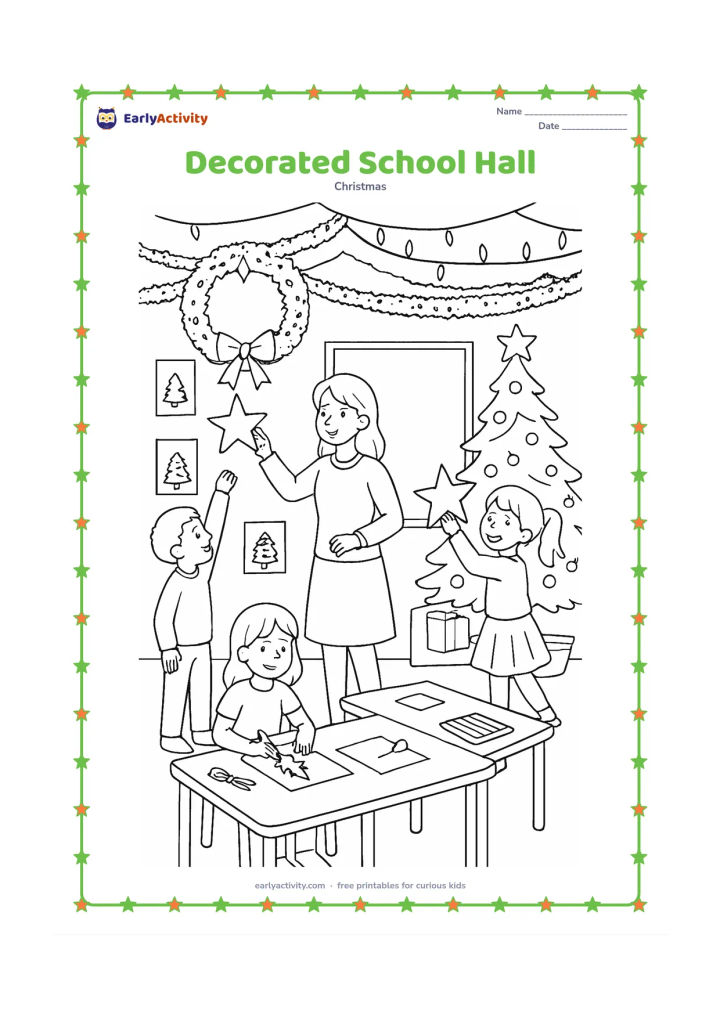 Colouring page: Children and a teacher decorate a school hall with paper stars, a large wreath, evergreen garlands and a Christmas tree while tables hold craft supplies. Show a blank display board and…