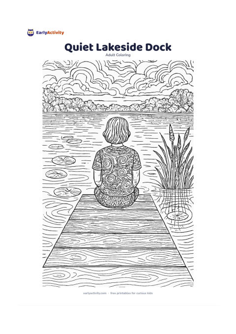 Colouring page: A person sitting at the end of a wooden dock with feet near the water, looking across a still lake at reeds, round lily pads and distant trees. Include reflected clouds and soft…