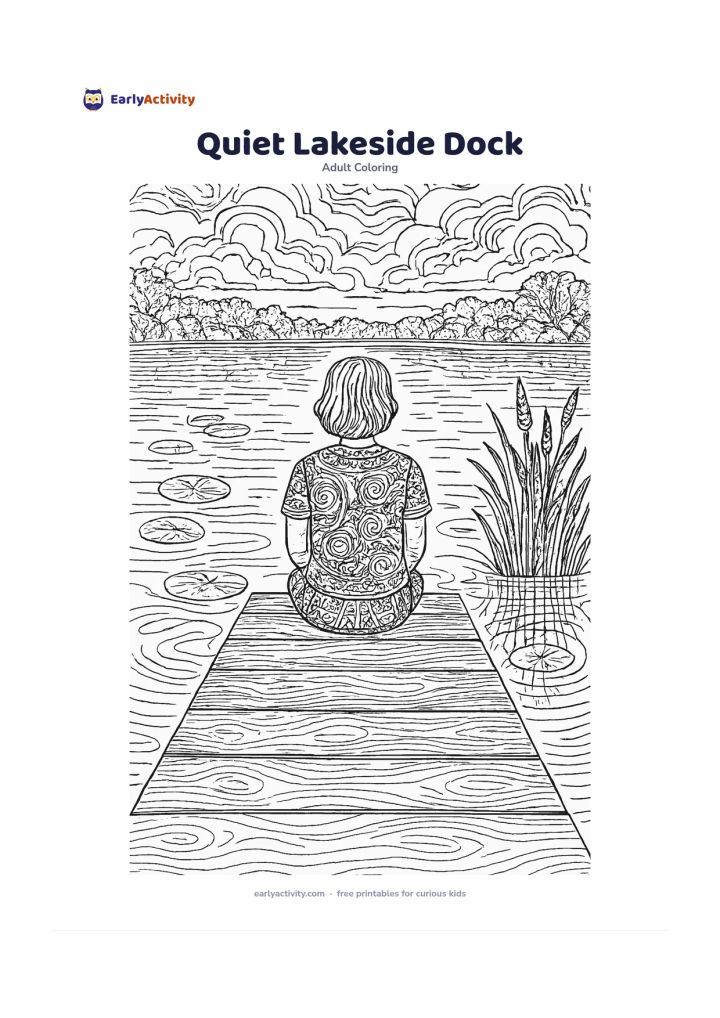 Colouring page: A person sitting at the end of a wooden dock with feet near the water, looking across a still lake at reeds, round lily pads and distant trees. Include reflected clouds and soft…